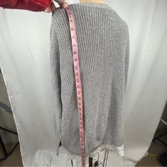 Anthro Pins & Needles Gray Long Sleeve Knit Sweater Dress White Lace Trim Large - Picture 7 of 12